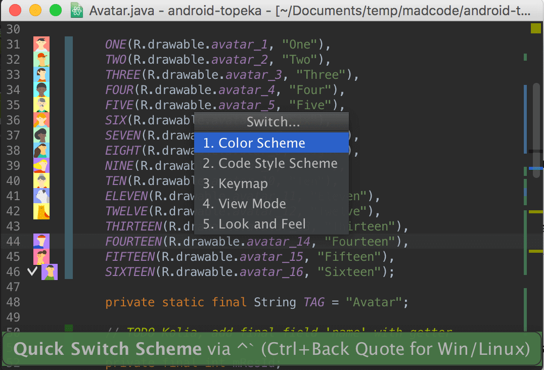 Android Studio Quick switch action list