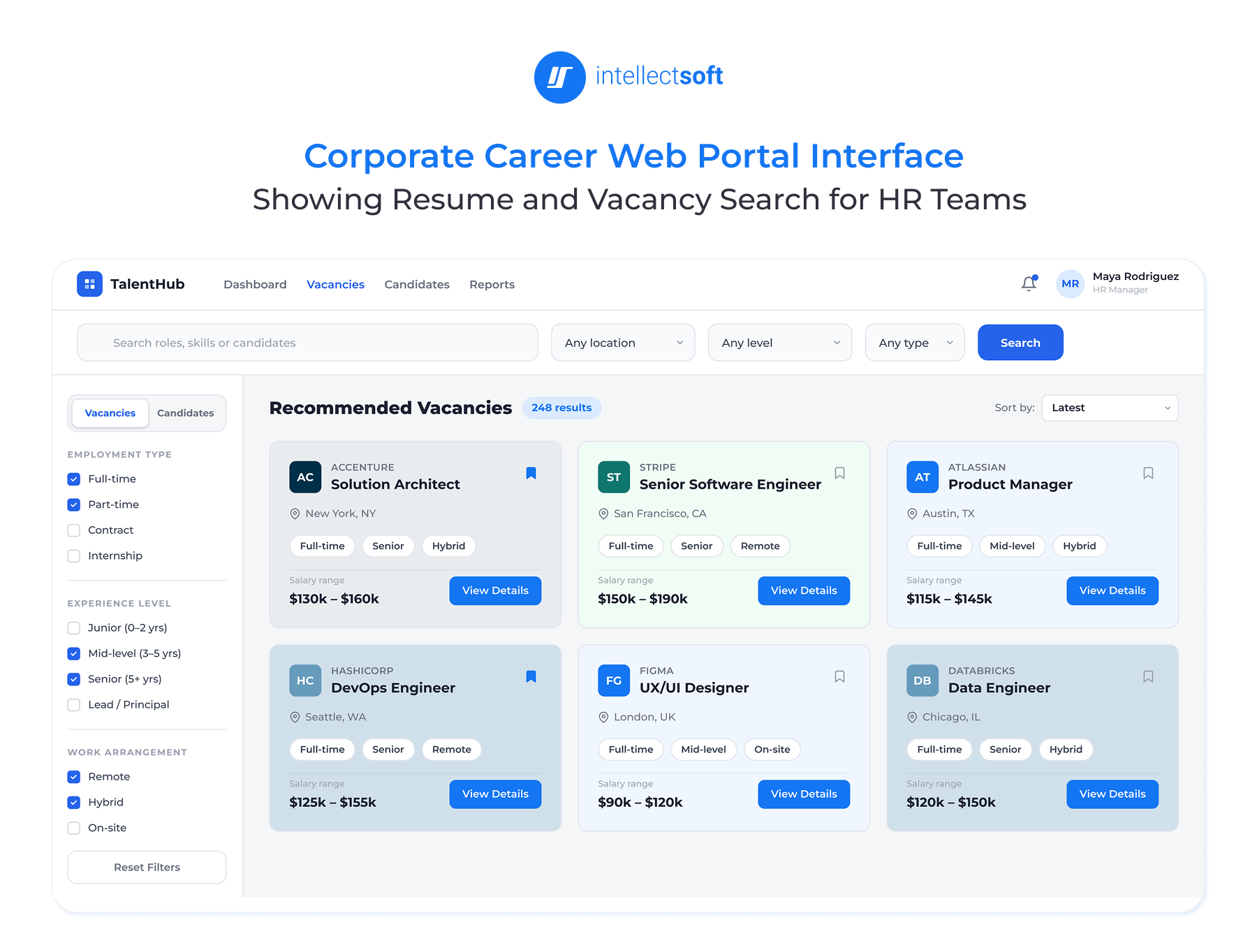 Corporate career web portal interface showing resume and vacancy search for HR teams