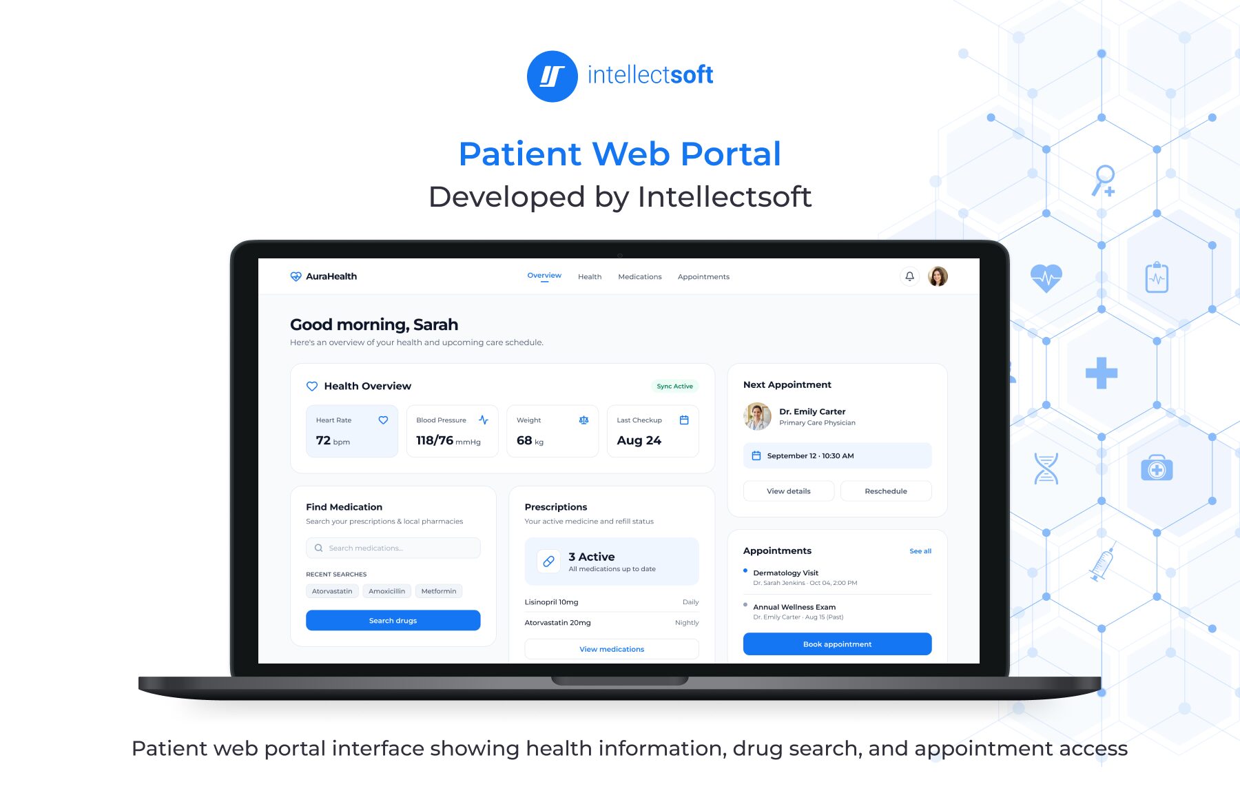Patient web portal interface showing health information, drug search, and appointment access