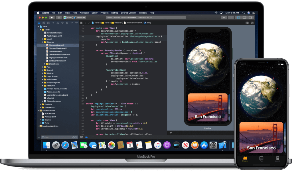 SwiftUI editor on the MacBook and iPhone screen