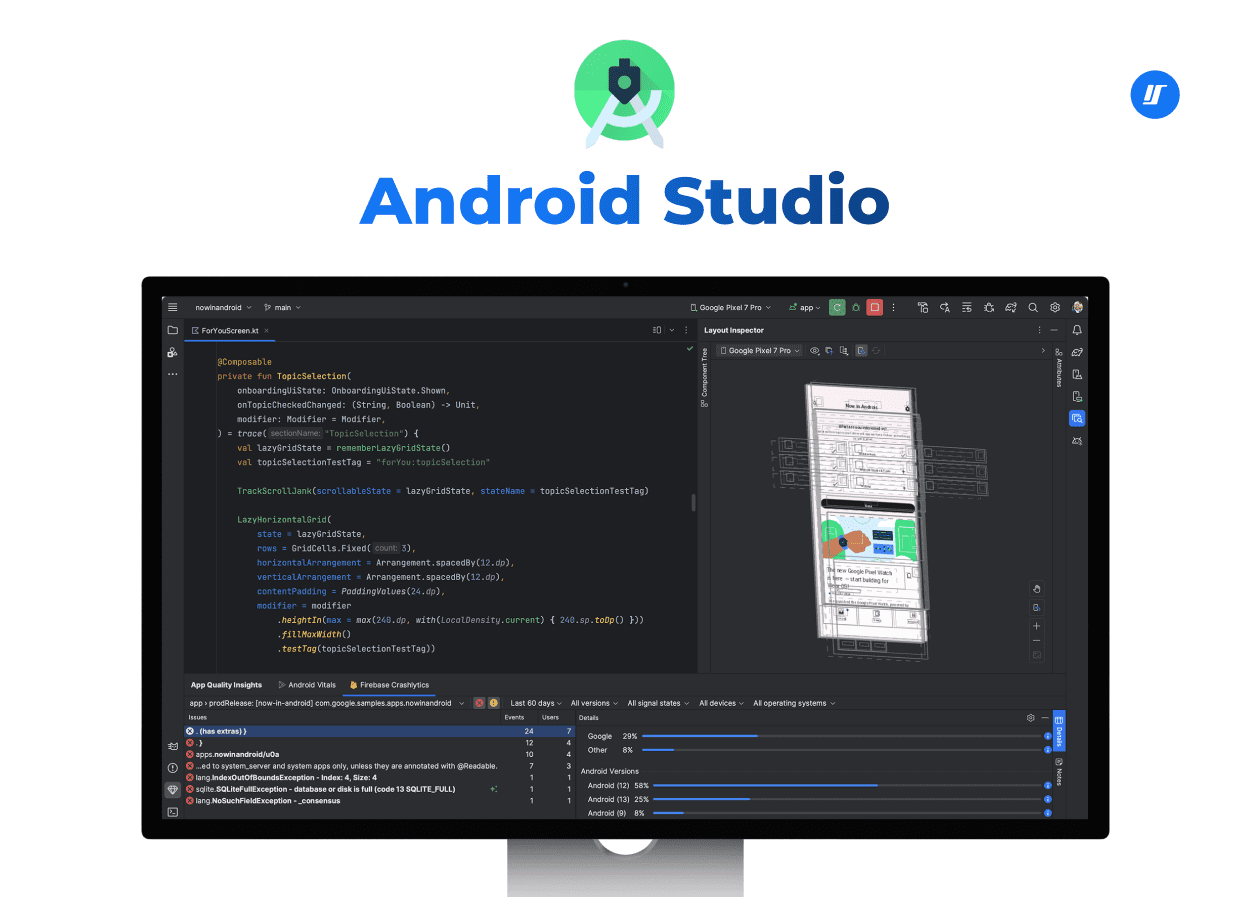 Android Studio logo with a screenshot of its integrated development environment