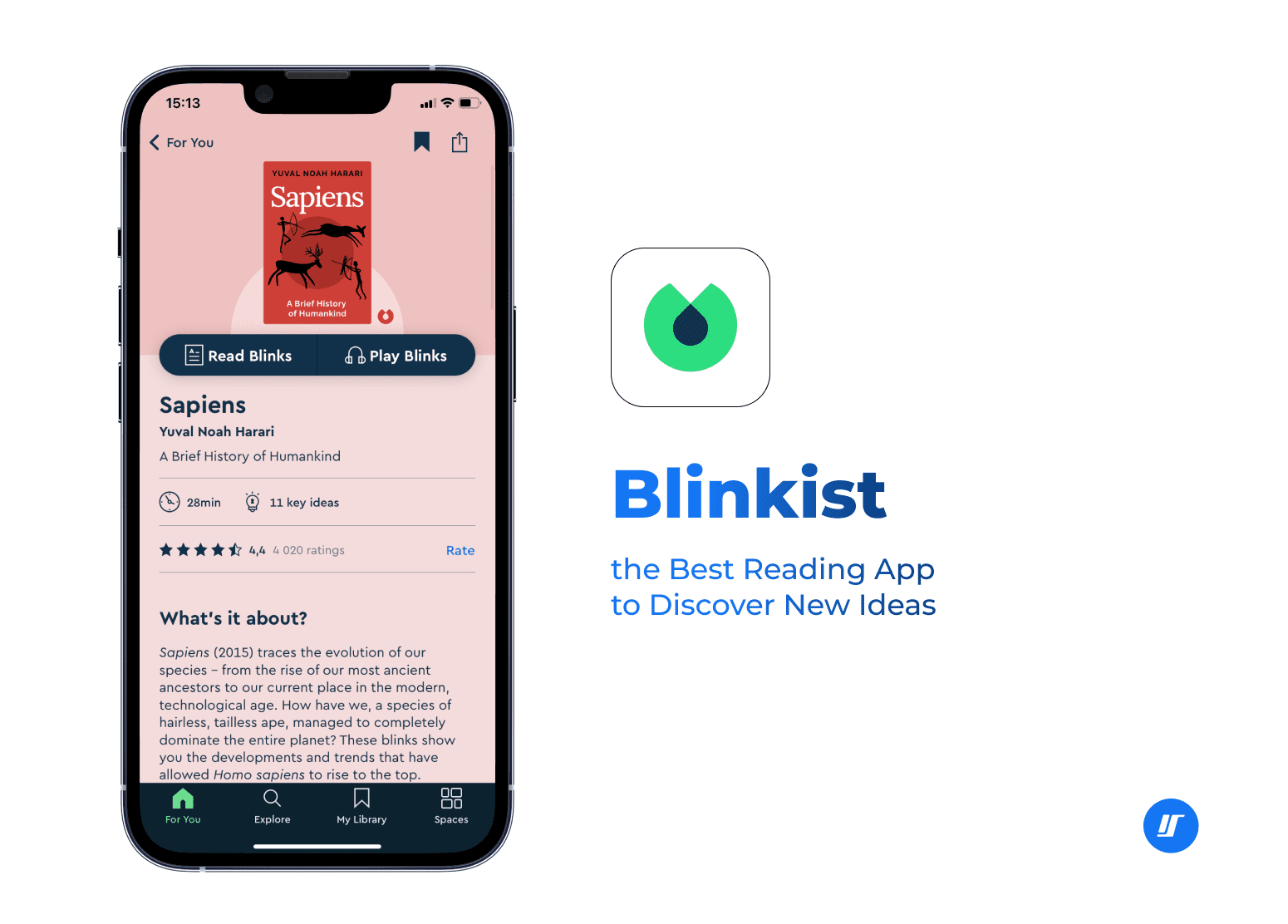 Blinkist app screenshot on the iPhone screen