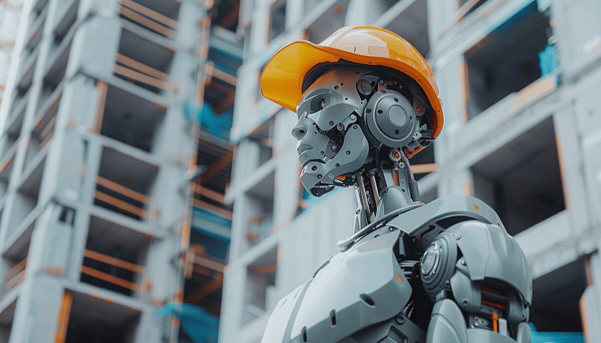 AI-powered construction robot wearing a safety helmet on a modern building site in 2026