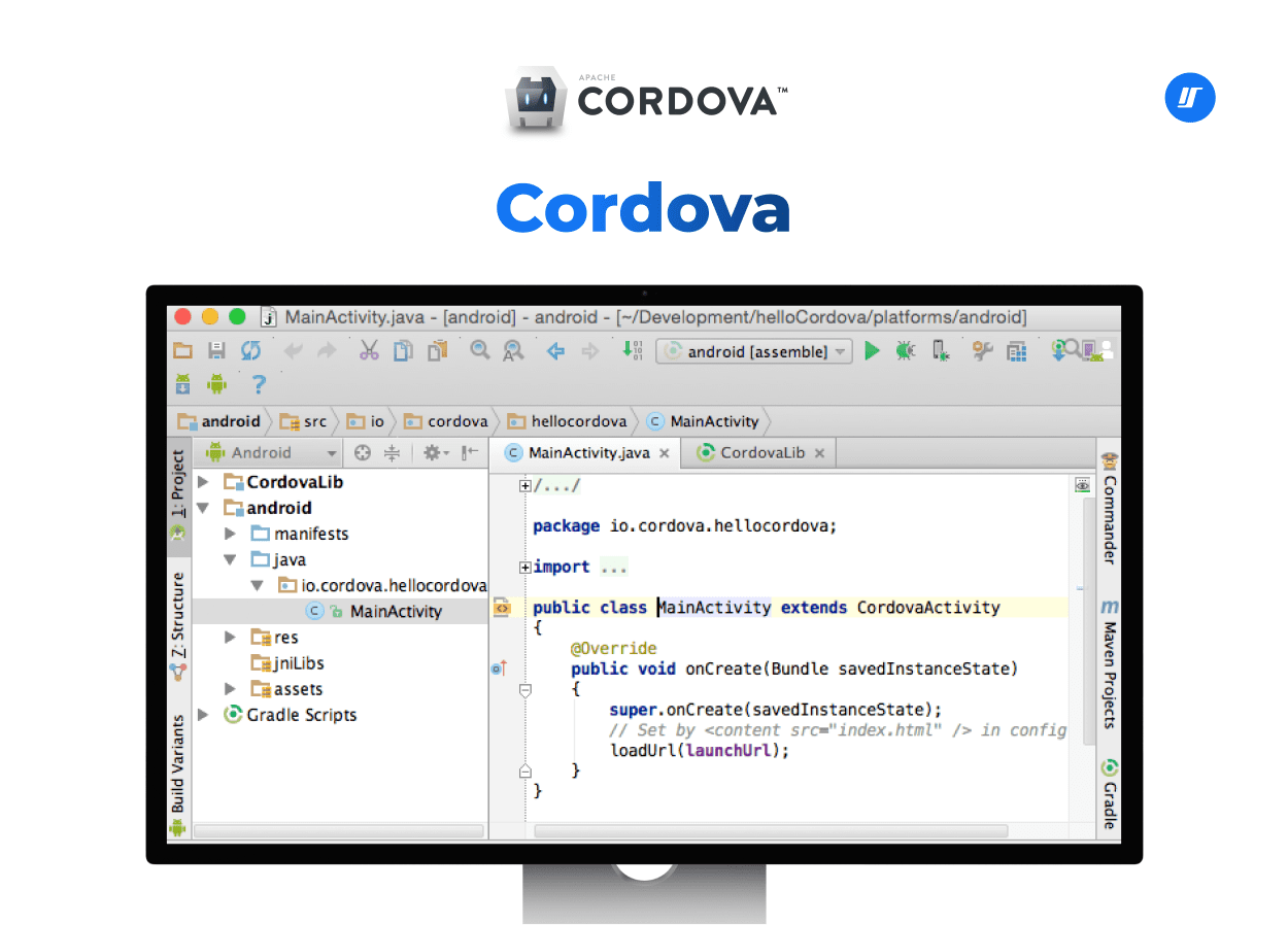 Apache Cordova logo with a screenshot of its integrated development environment