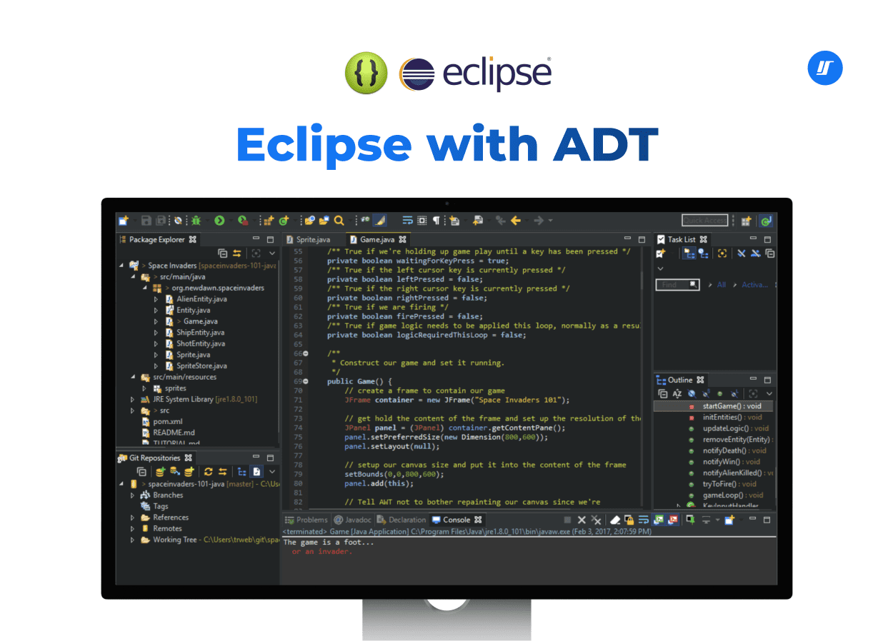 Eclipse and ADT logo with a screenshot of its integrated development environment