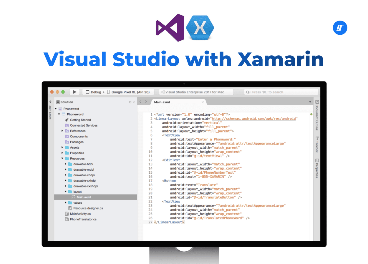 Visual Studio and Xamarin logo with a screenshot of its integrated development environment