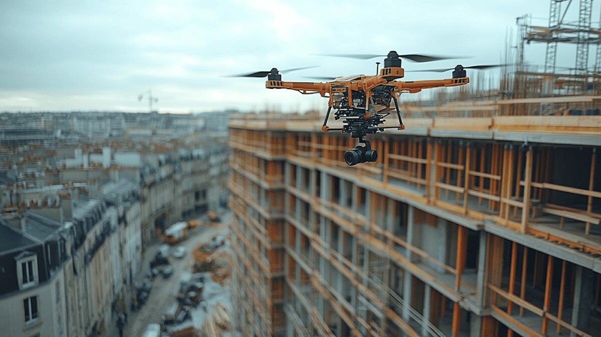 Construction drone flying over a building site for aerial inspection and progress monitoring